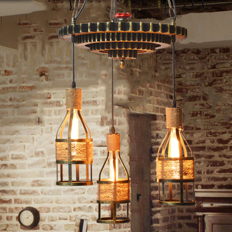 Industrial Bronze Bottle Chandelier - 3-Light Rope and Metal Hanging Pendant Light Fixture for Dining Room with Gear