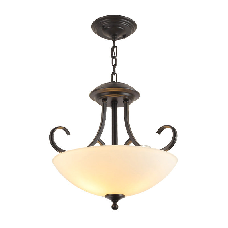 Iron Swirled Arm Retro Ceiling Light For Dining Room With 3 Heads And White Glass Shade