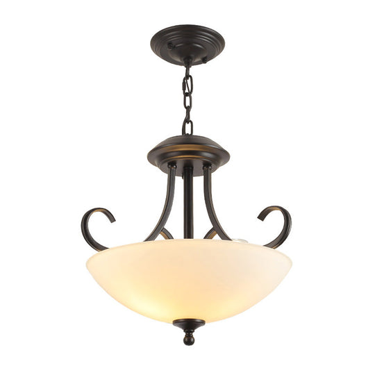 Iron Swirled Arm Retro Ceiling Light For Dining Room With 3 Heads And White Glass Shade