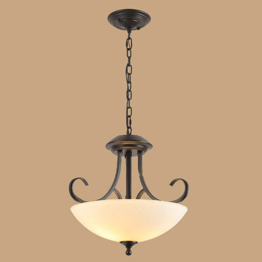 Iron Swirled Arm Retro Ceiling Light For Dining Room With 3 Heads And White Glass Shade