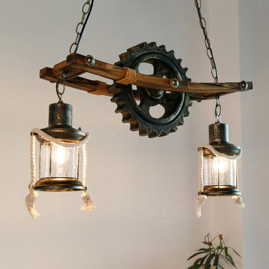 Coastal Bronze Hanging Chandelier: 2 Light Ceiling Light with Clear Glass & Kerosene Styling