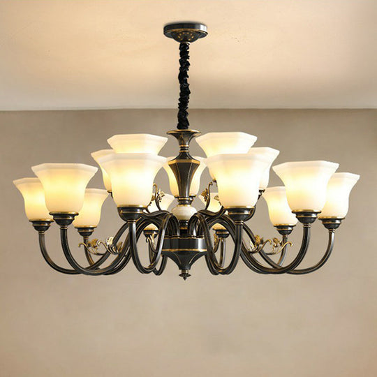 Black Iron Chandelier With Curved Arm And Frosted Glass Shade - Traditional Ceiling Lighting Fixture