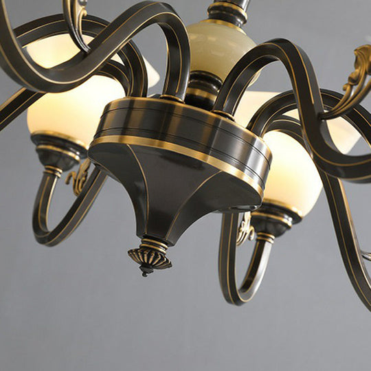 Black Iron Chandelier With Curved Arm And Frosted Glass Shade - Traditional Ceiling Lighting Fixture