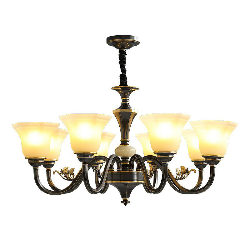 Black Iron Chandelier With Curved Arm And Frosted Glass Shade - Traditional Ceiling Lighting Fixture