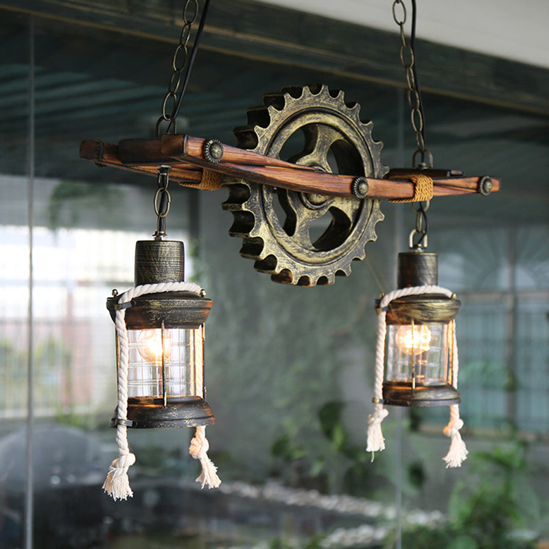 Coastal Bronze Hanging Chandelier: 2 Light Ceiling Light with Clear Glass & Kerosene Styling