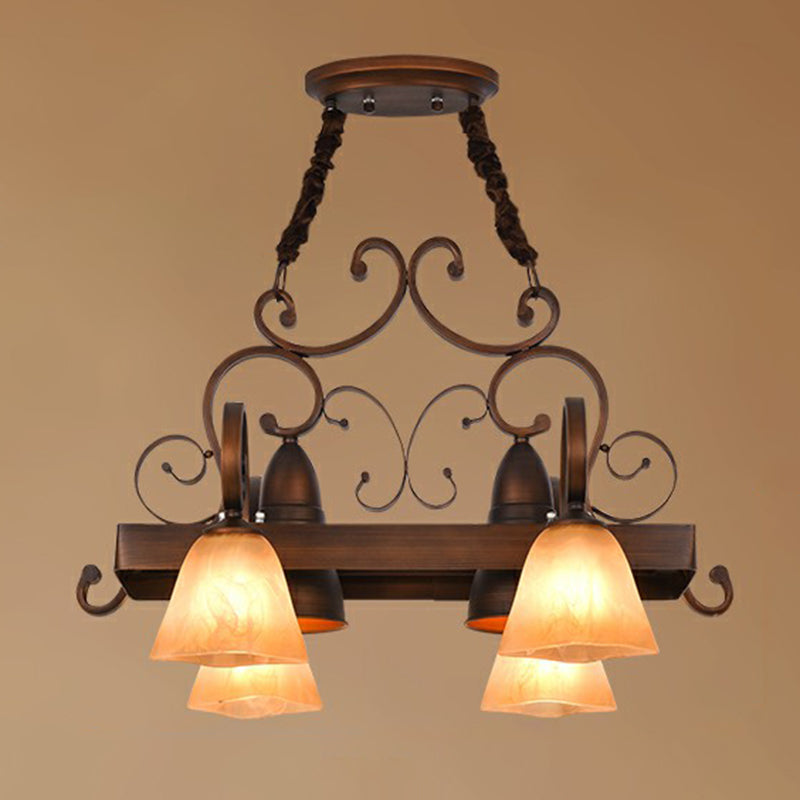 Copper Swirled Arm Chandelier With Bell Beige Glass Shade - Classic Dining Room Pendant Light