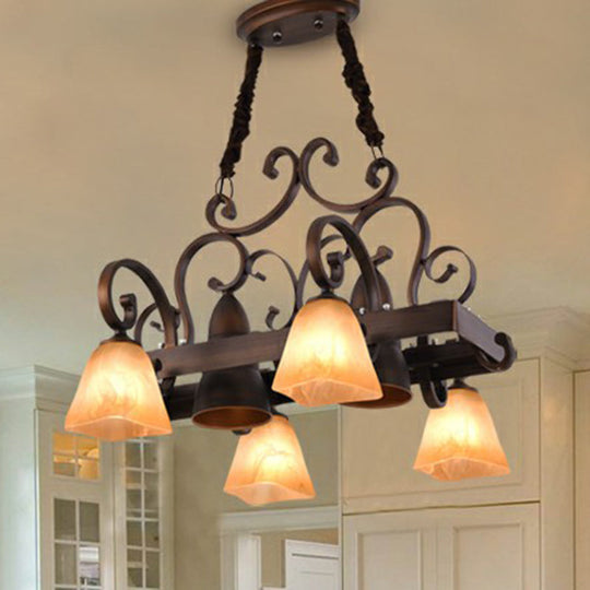 Copper Swirled Arm Chandelier With Bell Beige Glass Shade - Classic Dining Room Pendant Light