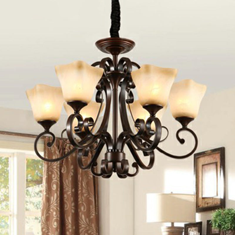 Opal Glass Chandelier Light Fixture - Traditional Bell Ceiling Lighting With Scroll Arm In Copper