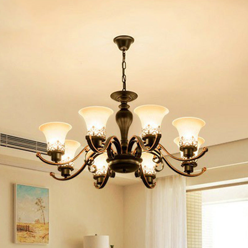 Retro Black Glass Flare Chandelier - Cream Pendant Light For Living Room