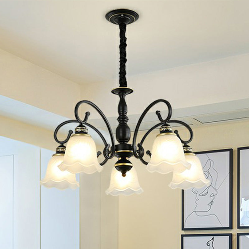 Rustic White Glass Chandelier With Ruffle Trim - Dining Room Suspension Light