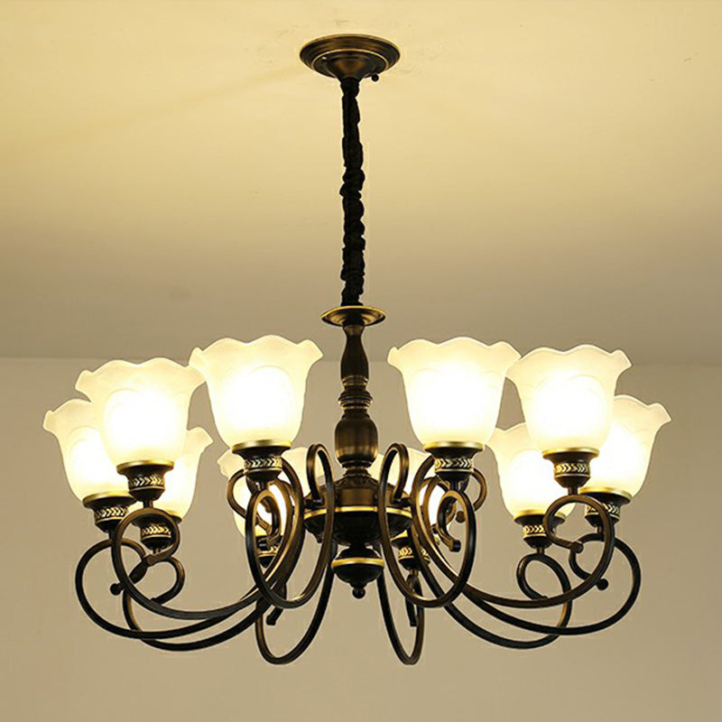 Rustic White Glass Chandelier With Ruffle Trim - Dining Room Suspension Light