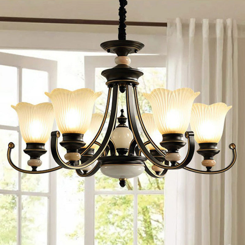 Black Frosted Glass Chandelier: Flower-Shaped Pendant Light For Classic Dining Room