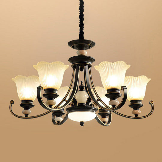 Black Frosted Glass Chandelier: Flower-Shaped Pendant Light For Classic Dining Room