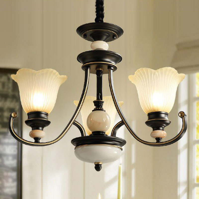 Black Frosted Glass Chandelier: Flower-Shaped Pendant Light For Classic Dining Room