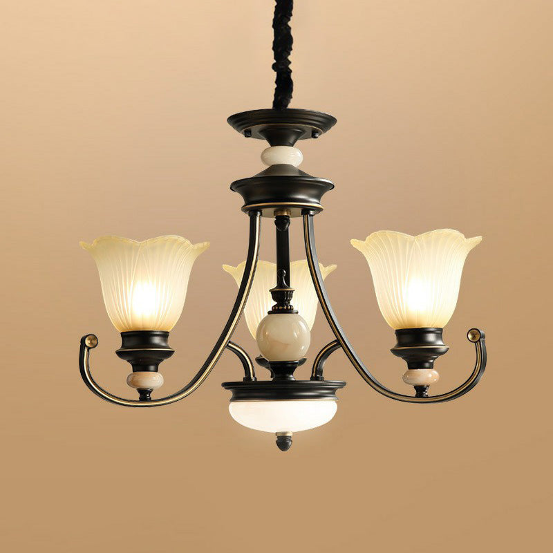 Black Frosted Glass Chandelier: Flower-Shaped Pendant Light For Classic Dining Room