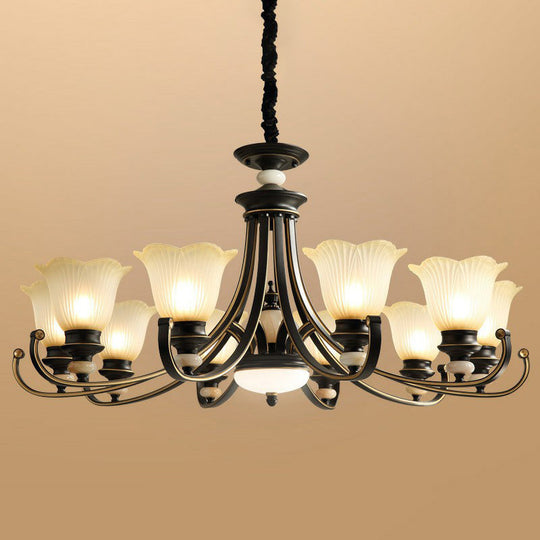 Black Frosted Glass Chandelier: Flower-Shaped Pendant Light For Classic Dining Room