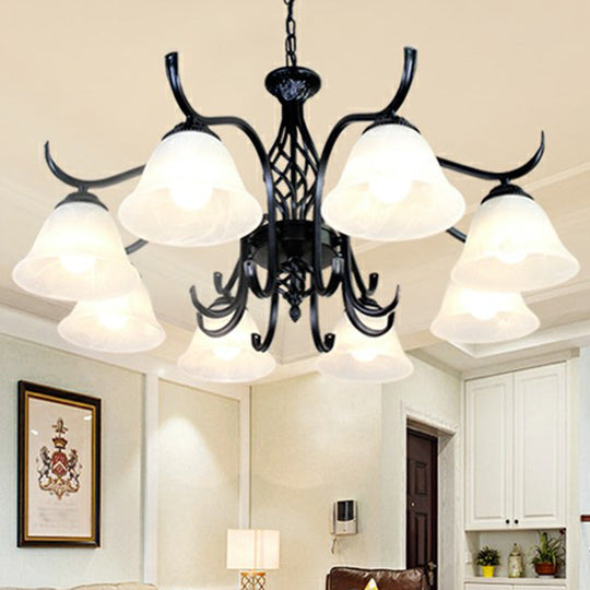 Rustic Black Chandelier Ceiling Light With Cream Glass Bell Shades For Bedroom 8 / B