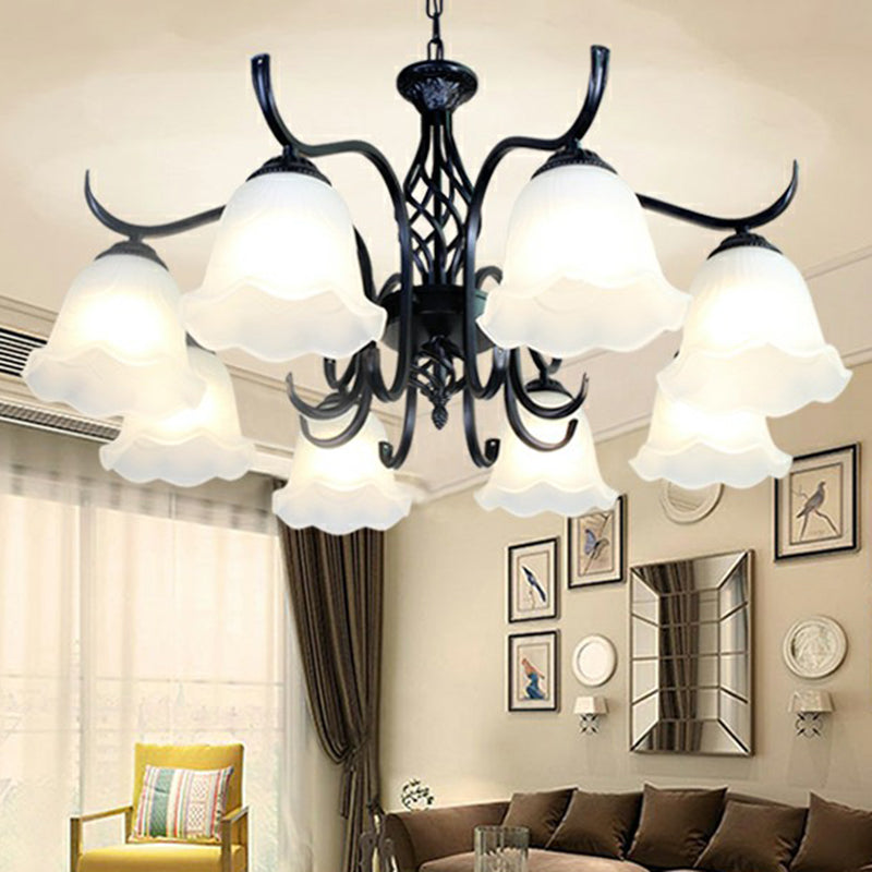 Rustic Black Chandelier Ceiling Light With Cream Glass Bell Shades For Bedroom 8 / A