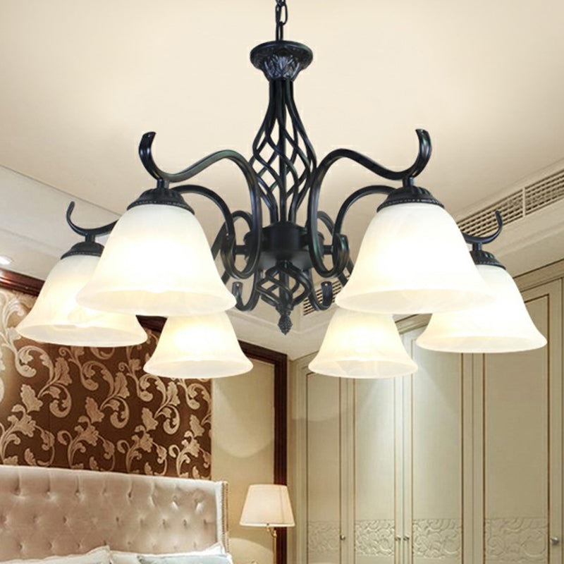 Rustic Black Chandelier Ceiling Light With Cream Glass Bell Shades For Bedroom 6 / B