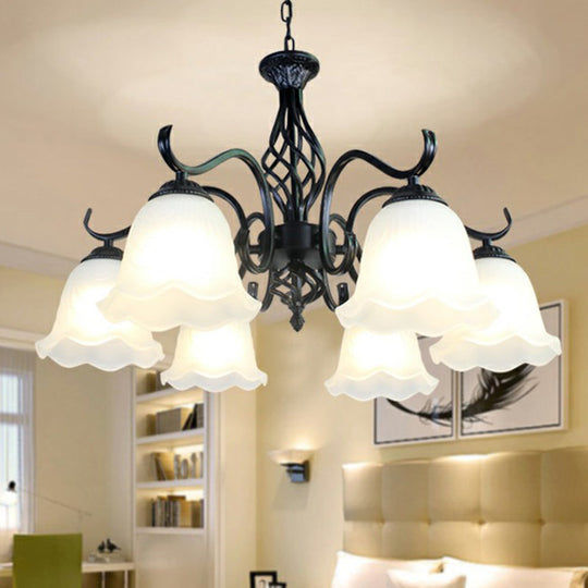 Rustic Black Chandelier Ceiling Light With Cream Glass Bell Shades For Bedroom 6 / A