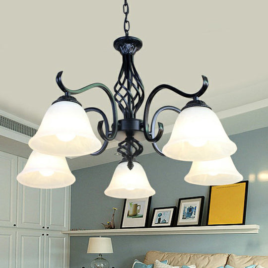 Rustic Black Chandelier Ceiling Light With Cream Glass Bell Shades For Bedroom 5 / B