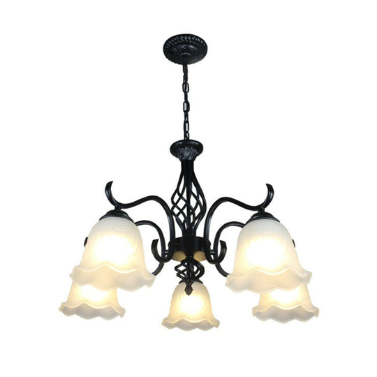 Rustic Black Chandelier Ceiling Light With Cream Glass Bell Shades For Bedroom