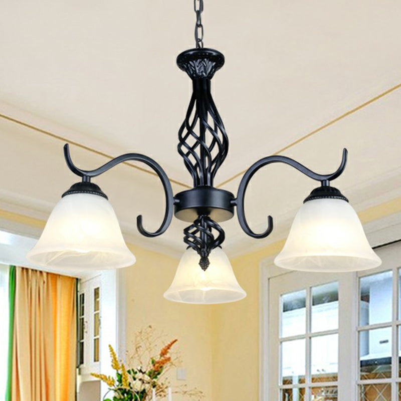 Rustic Black Chandelier Ceiling Light With Cream Glass Bell Shades For Bedroom 3 / B