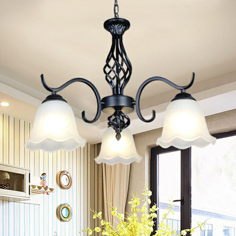 Rustic Black Chandelier Ceiling Light With Cream Glass Bell Shades For Bedroom 3 / A