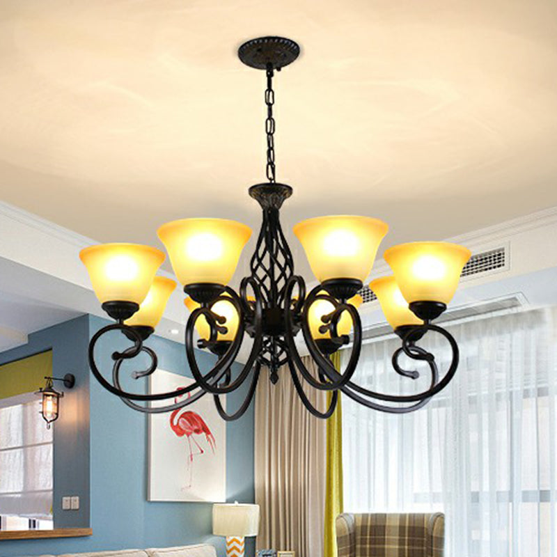 Vintage Swirled Arm Metallic Chandelier Pendant Light With Bell Frost Glass Shade For Living Room