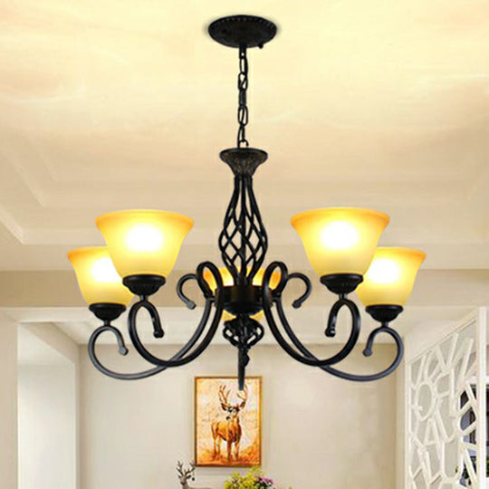 Vintage Swirled Arm Metallic Chandelier Pendant Light With Bell Frost Glass Shade For Living Room