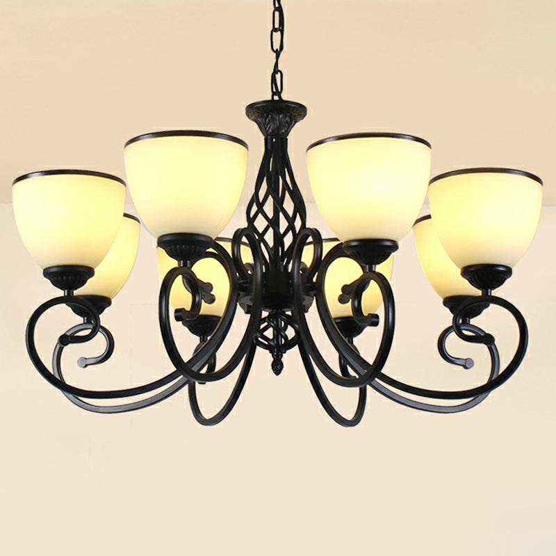 Vintage Swirled Arm Metallic Chandelier Pendant Light With Bell Frost Glass Shade For Living Room