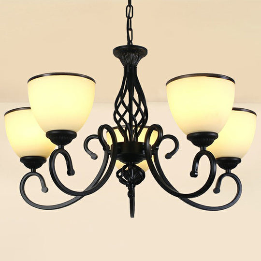 Vintage Swirled Arm Metallic Chandelier Pendant Light With Bell Frost Glass Shade For Living Room