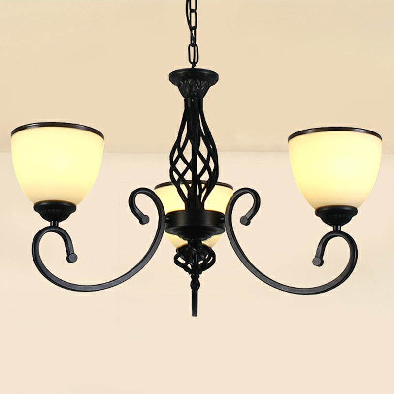 Vintage Swirled Arm Metallic Chandelier Pendant Light With Bell Frost Glass Shade For Living Room