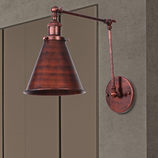 Farmhouse Cone Wall Sconce - Black/Rust Iron Lighting Fixture For Bedroom