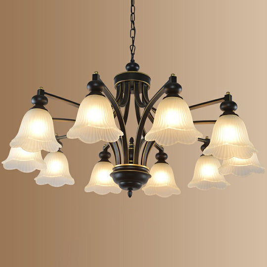 Retro Opal Glass Flower Chandelier In Black | Pendant Light Fixture For Living Room