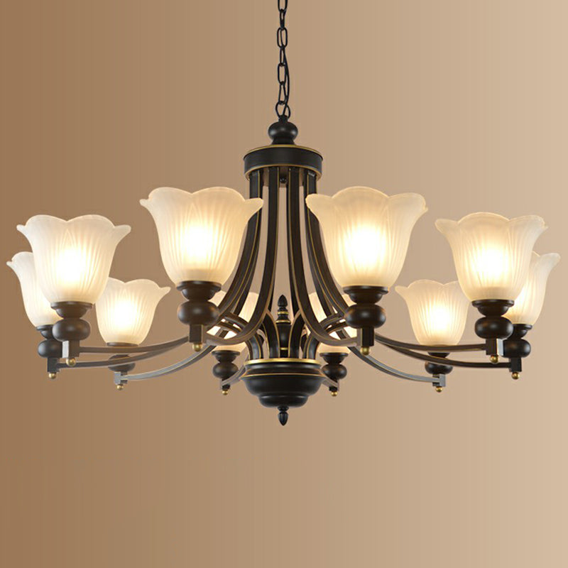 Retro Opal Glass Flower Chandelier In Black | Pendant Light Fixture For Living Room