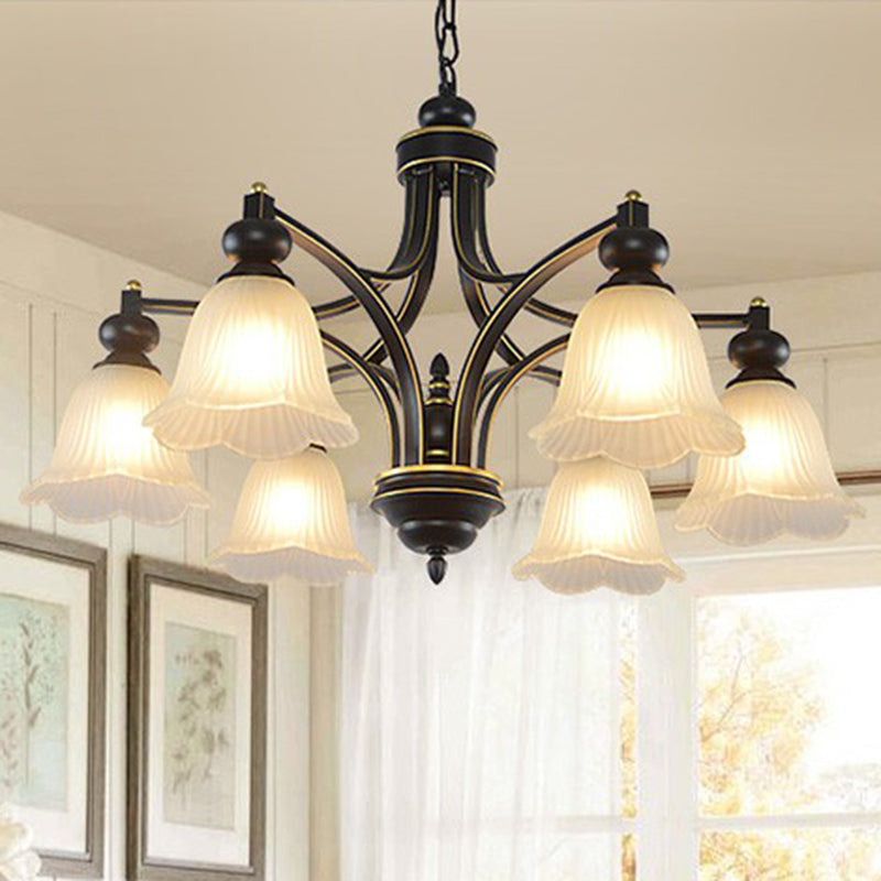 Retro Opal Glass Flower Chandelier In Black | Pendant Light Fixture For Living Room 6 / Down