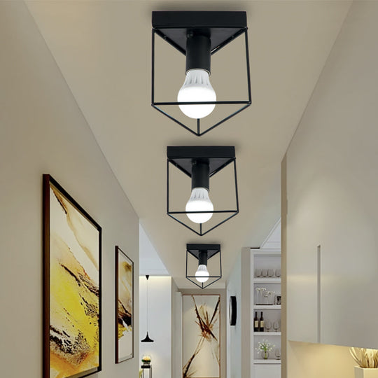 Industrial Metal Flush Light Fixture - 1 Light, Black/White, Triangle/Hexagon Design, Living Room Ceiling Lighting