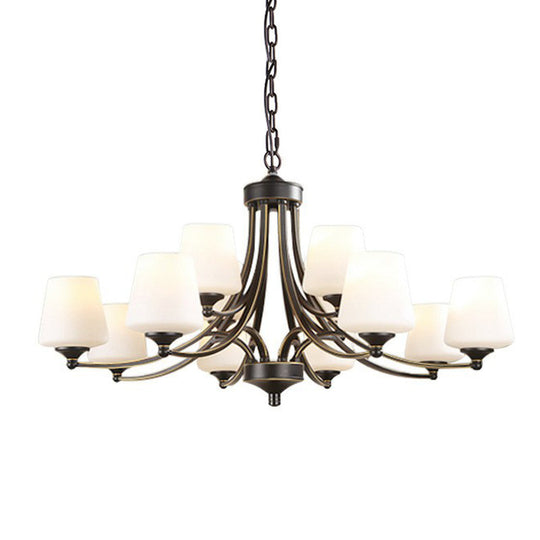 Rustic Living Room Chandelier With Tapered White Frost Glass Shade 12 / Black