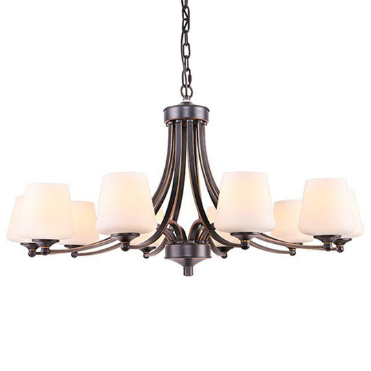 Rustic Living Room Chandelier With Tapered White Frost Glass Shade