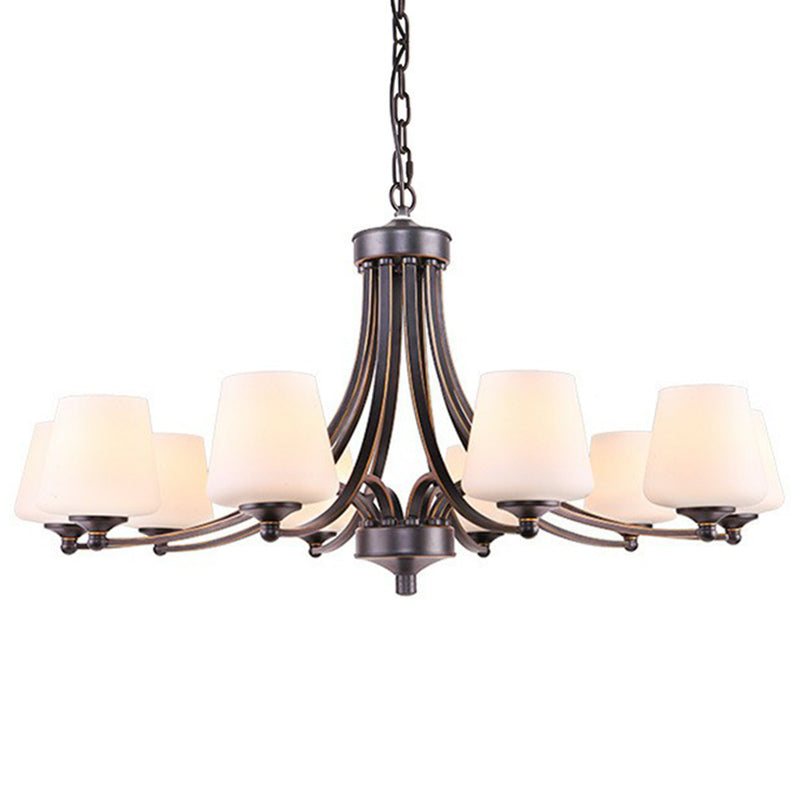 Rustic Living Room Chandelier With Tapered White Frost Glass Shade 10 / Black