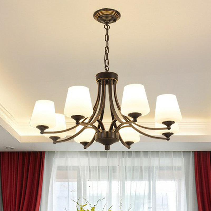 Rustic Living Room Chandelier With Tapered White Frost Glass Shade