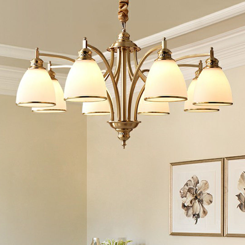 Golden Bell Chandelier: Classic Cream Glass Pendant Light For Living Room