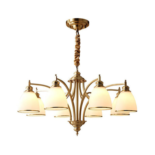 Golden Bell Chandelier: Classic Cream Glass Pendant Light For Living Room