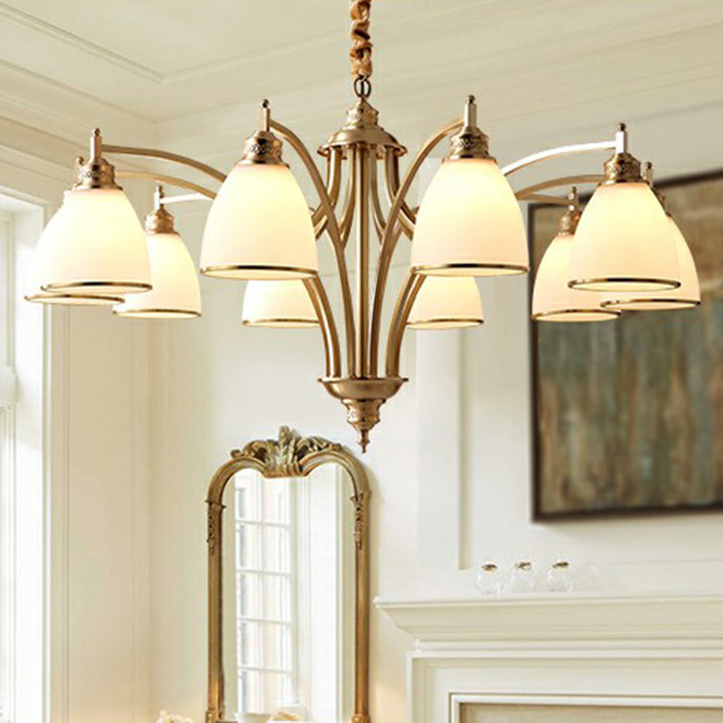 Golden Bell Chandelier: Classic Cream Glass Pendant Light For Living Room