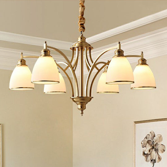 Golden Bell Chandelier: Classic Cream Glass Pendant Light For Living Room