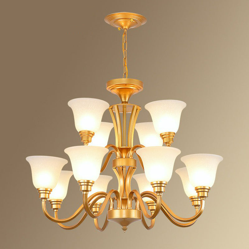 Rustic Bell Shaped Suspension Light Chandelier - Cream Glass Perfect For Dining Room 12 / Gold