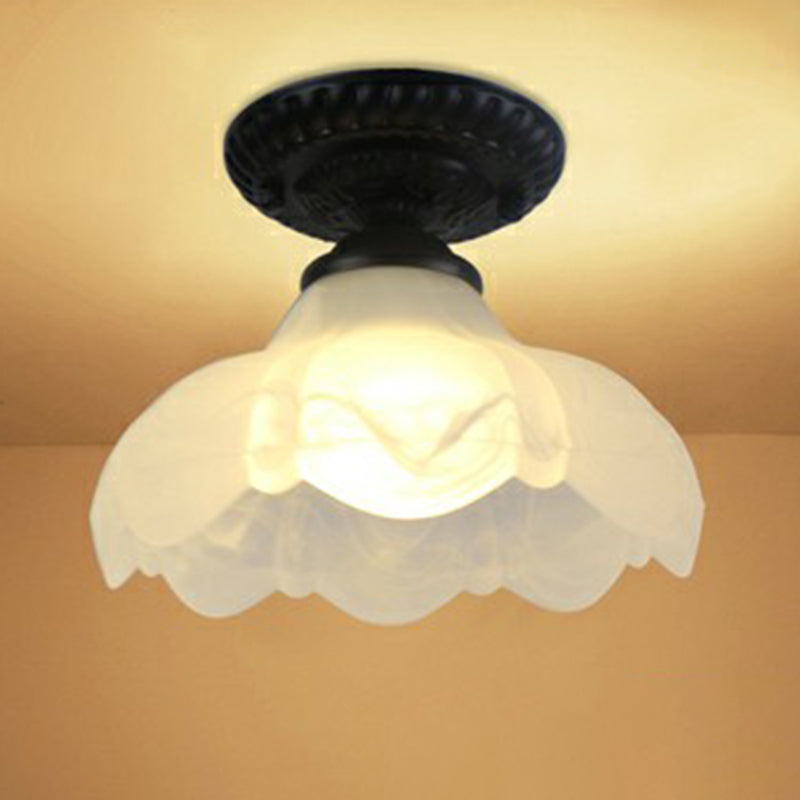 Traditional Black Bell Semi Flush Ceiling Light Fixture with Frosted Glass - 1-Light