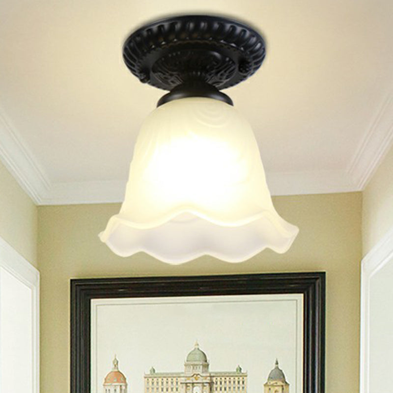 Traditional Black Bell Semi Flush Ceiling Light Fixture with Frosted Glass - 1-Light