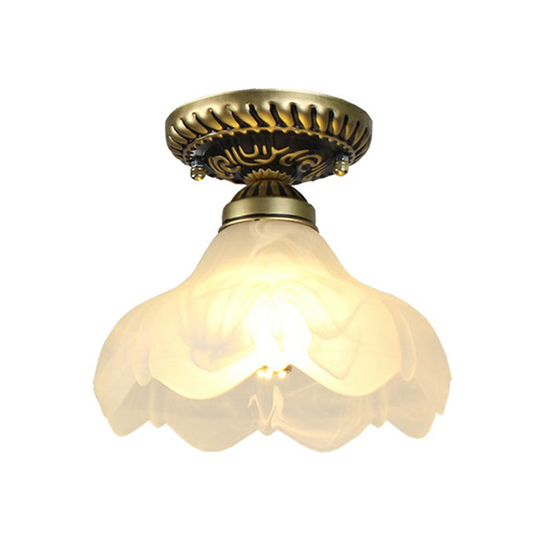 Frosted Glass Semi Flush Mount Vintage Bronze Bell Ceiling Light